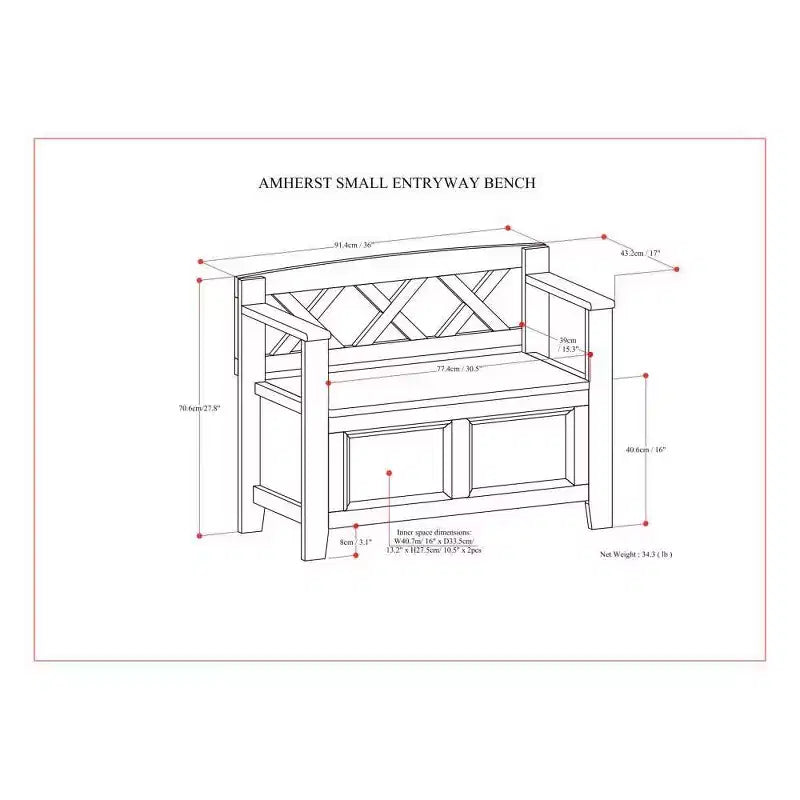 Banc de rangement en bois massif de 36 po de style transitoire pour entrée – Dessus relevable, 2 places